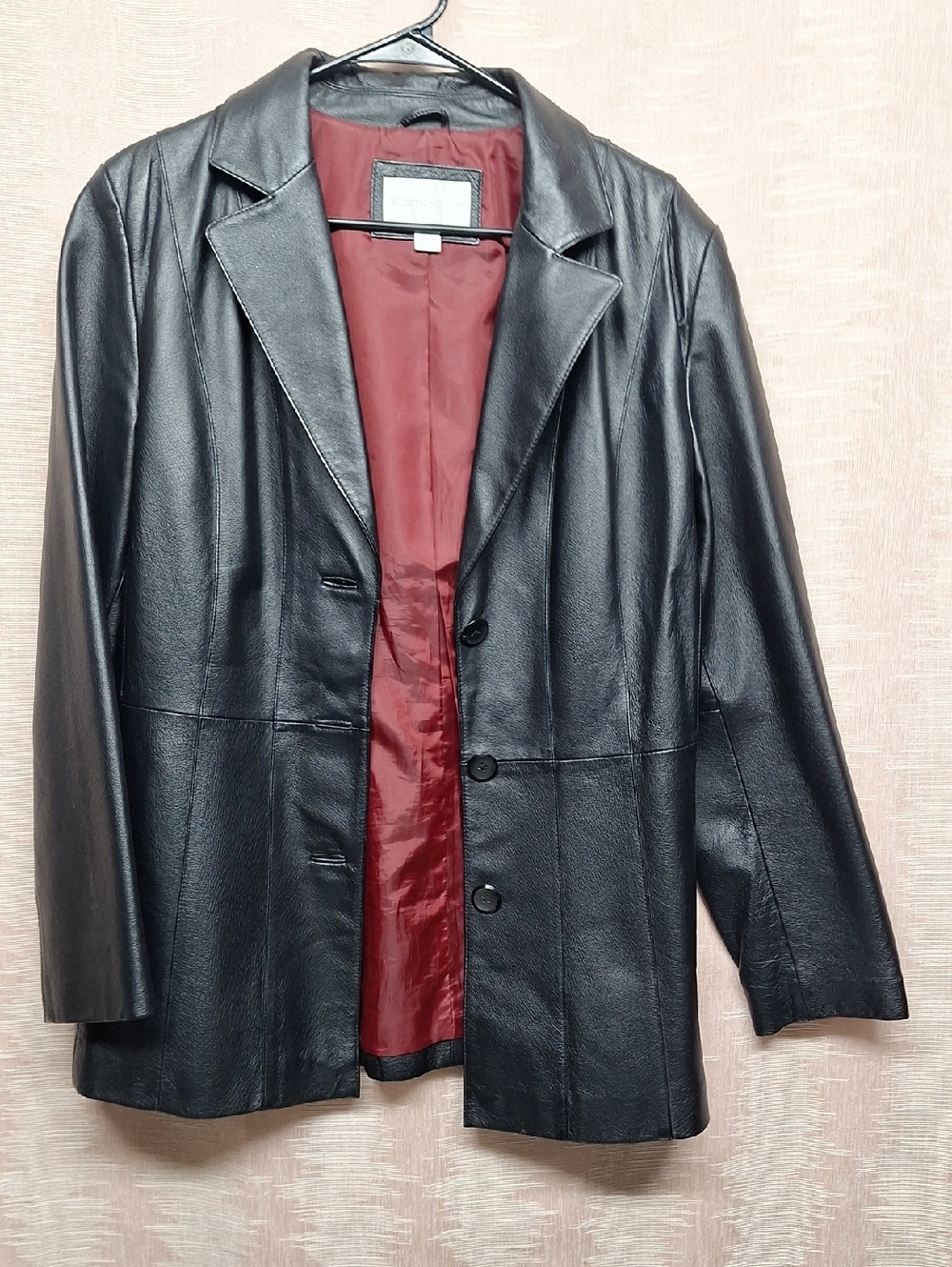 Worthington Black Leather Blazer with Burgundy Lining, Size L